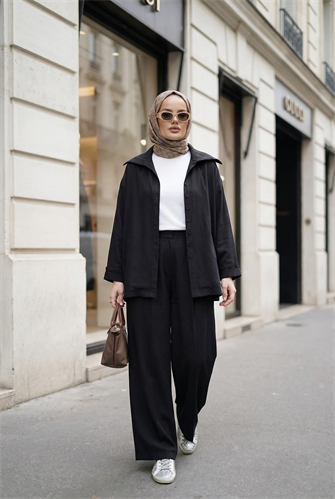 Massimo Model Kupra Kumaş Düğmeli Gömlek-Ceket Palazzo Pantolon Takım/Siyah