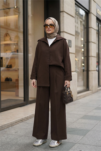 Massimo Model Kupra Kumaş Düğmeli Gömlek-Ceket Palazzo Pantolon Takım/Acıkahve