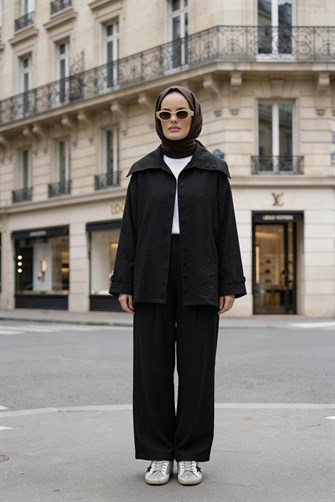 Massimo Kupra Kumaş Düğmeli Gömlekli Palazzo Pantolon Takım/Siyah