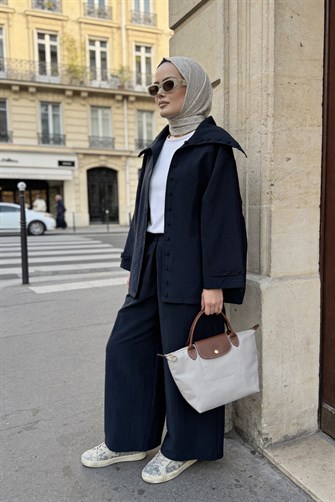 Massimo Kupra Kumaş Düğmeli Gömlekli Palazzo Pantolon Takım/Lacivert