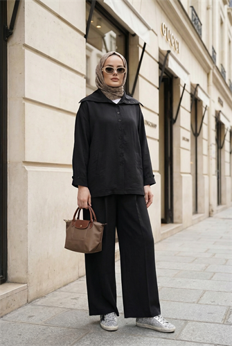 Massimo Model Kupra Kumaş Düğmeli Gömlek-Ceket Palazzo Pantolon Takım/Siyah