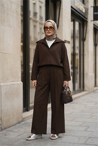 Massimo Model Kupra Kumaş Düğmeli Gömlek-Ceket Palazzo Pantolon Takım/Acıkahve