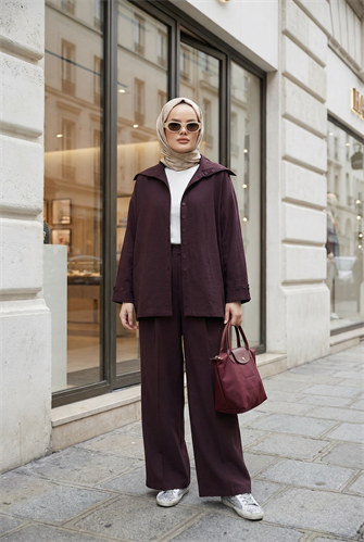 Massimo Model Kupra Kumaş Düğmeli Gömlek-Ceket Palazzo Pantolon Takım/Bordo