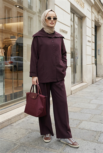 Massimo Model Kupra Kumaş Düğmeli Gömlek-Ceket Palazzo Pantolon Takım/Bordo