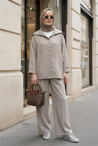 Massimo Model Kupra Kumaş Düğmeli Gömlek-Ceket Palazzo Pantolon Takım/Vizon