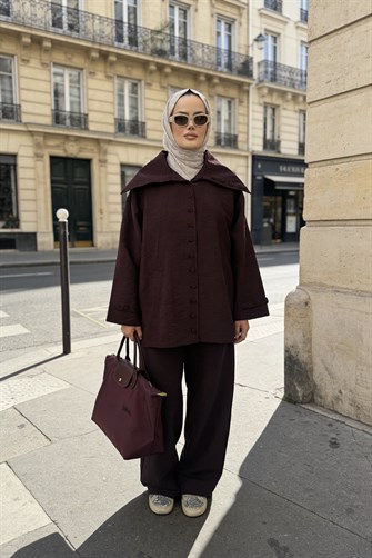 Massimo Kupra Kumaş Düğmeli Gömlekli Palazzo Pantolon Takım/Bordo