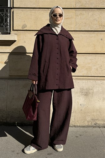 Massimo Kupra Kumaş Düğmeli Gömlekli Palazzo Pantolon Takım/Bordo