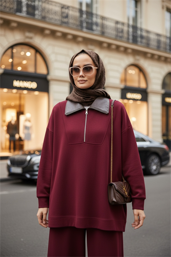 Oslo Comfort Set – Selanik Kumaş İkili Tesettür Takım Bordo