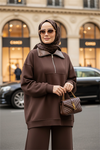 Oslo Comfort Set – Selanik Kumaş İkili Tesettür Takım Acıkahve