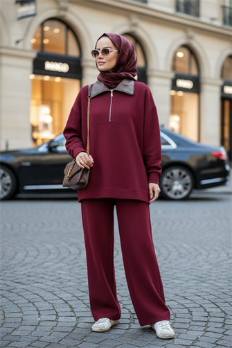 Oslo Comfort Set – Selanik Kumaş İkili Tesettür Takım Bordo