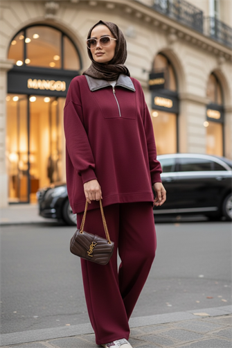 Oslo Comfort Set – Selanik Kumaş İkili Tesettür Takım Bordo