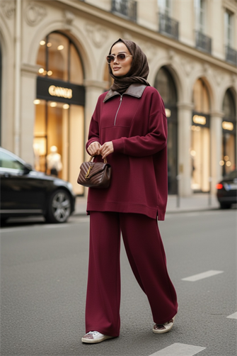 Oslo Comfort Set – Selanik Kumaş İkili Tesettür Takım Bordo