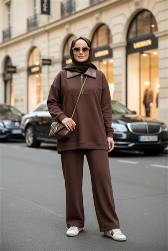 Oslo Comfort Set – Selanik Kumaş İkili Tesettür Takım Acıkahve