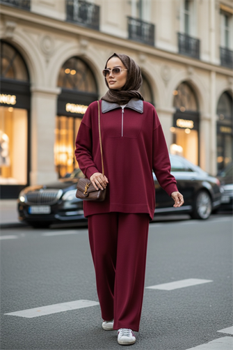 Oslo Comfort Set – Selanik Kumaş İkili Tesettür Takım Bordo