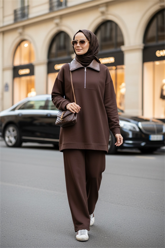 Oslo Comfort Set – Selanik Kumaş İkili Tesettür Takım Acıkahve
