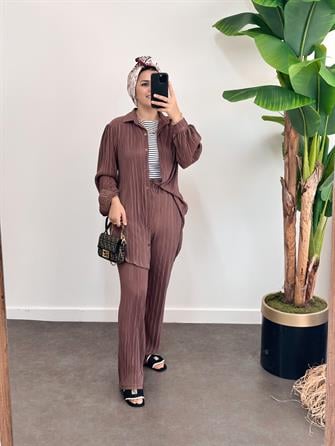 Pleated Satin Shirt Set Cocoa Brown