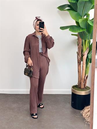 Pleated Satin Shirt Set Cocoa Brown