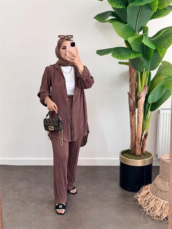 Pleated Satin Shirt Set Cocoa Brown