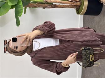 Pleated Satin Shirt Set Cocoa Brown