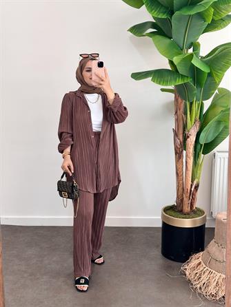 Pleated Satin Shirt Set Cocoa Brown