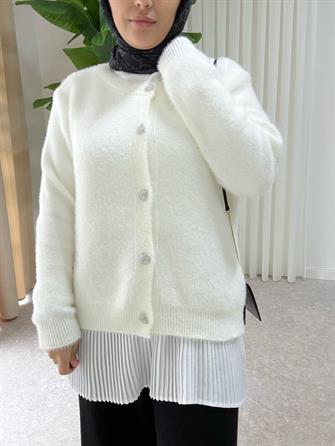 سترة كارديجان من صوف صوفي مهدب أبيض