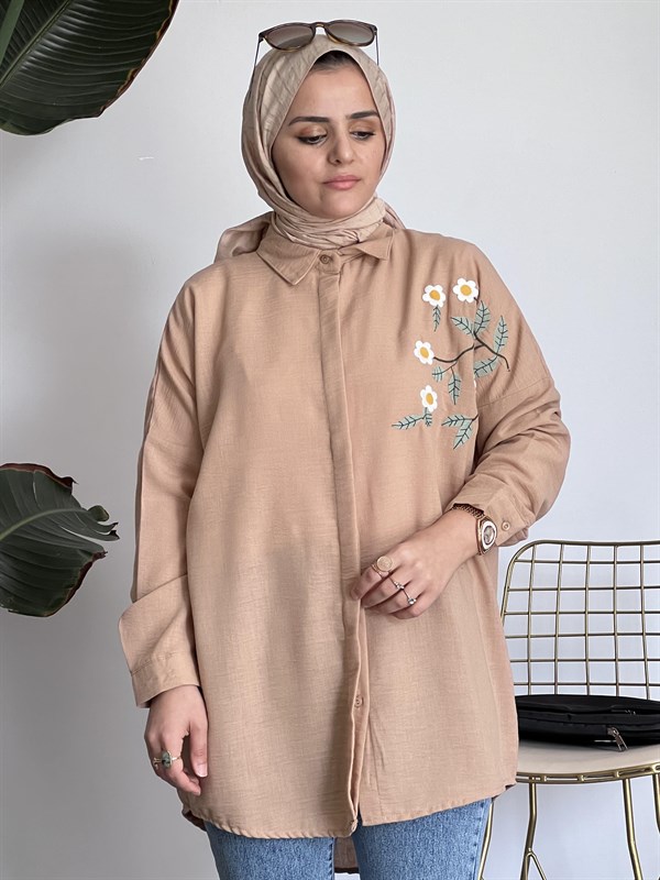 Embroidered Linen Shirt Daisy Brown