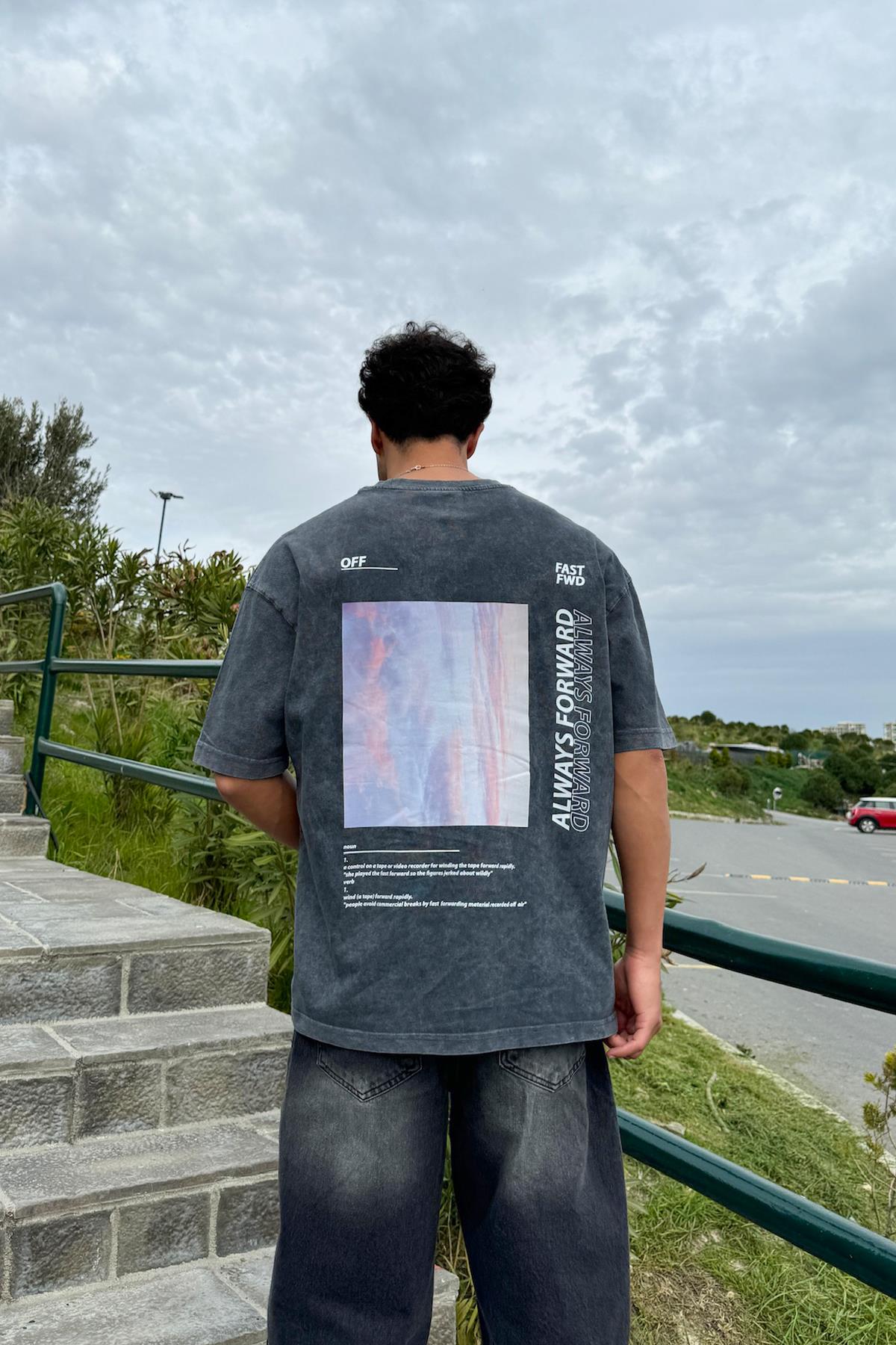 1989 Baskılı Acid Wash Antrasit Oversize Tişört