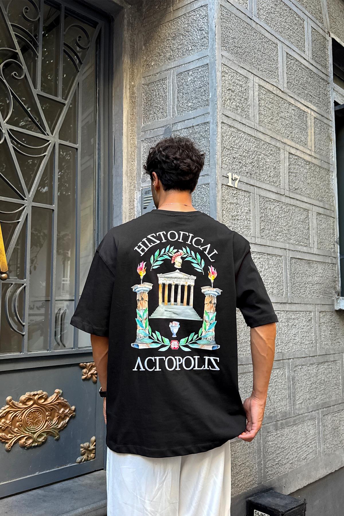 Acropolis Nakışlı Siyah Oversize Tişört