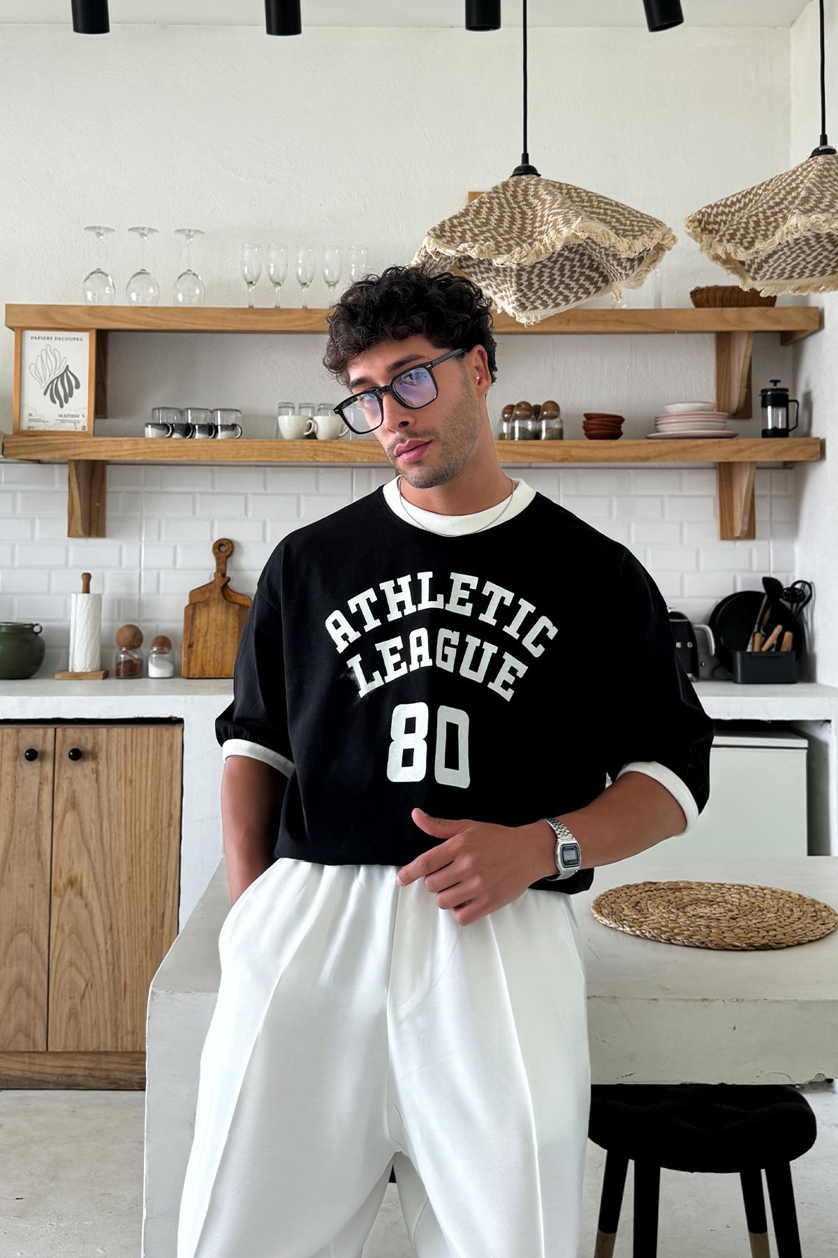 Siyah Athletic Baskılı Oversize Tişört