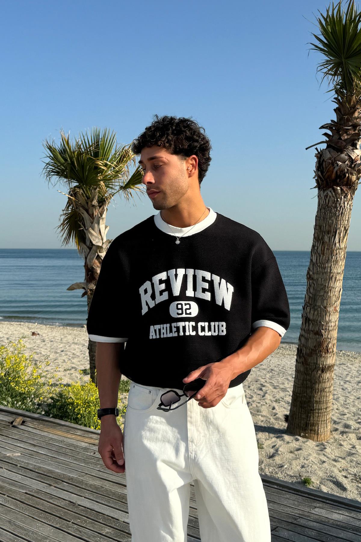 Athletic Club 92 Baskılı Siyah Oversize Tişört
