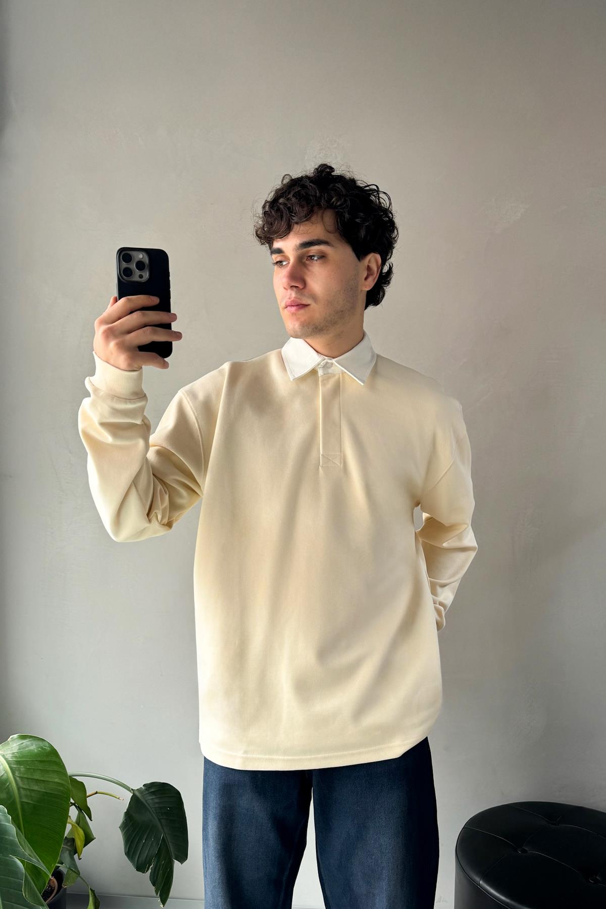 Flaw Atelier Basic Bej Polo Yaka Uzun Kol Tişört