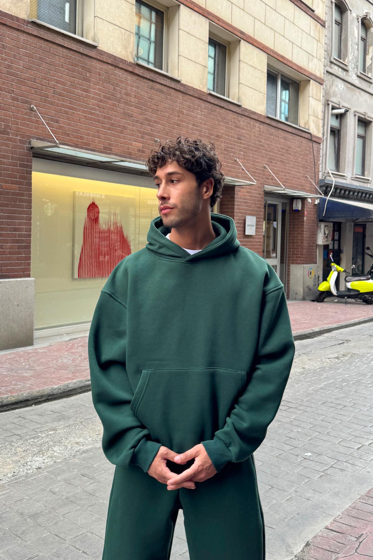 Basic Yeşil Hoodie