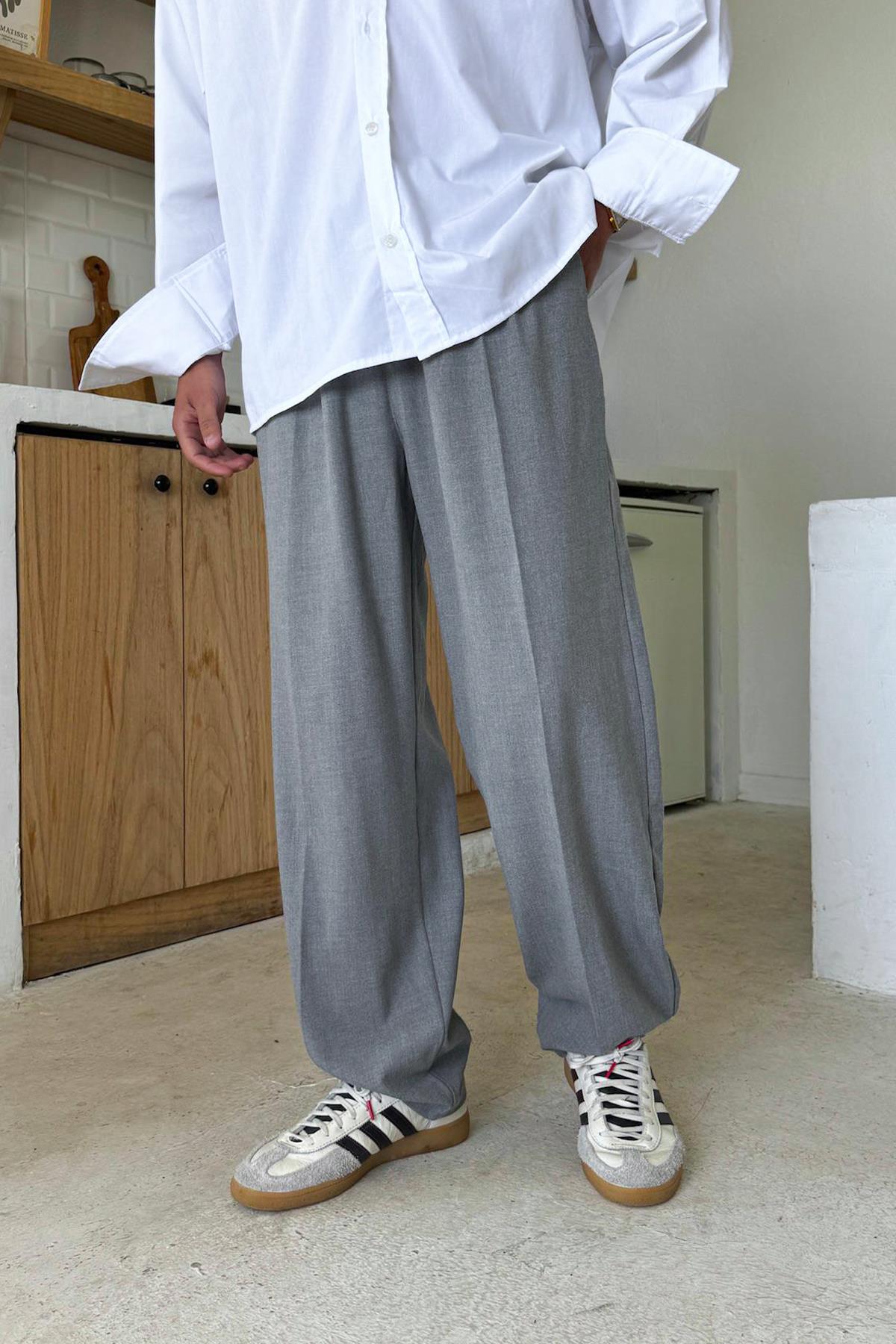 Açık Gri Basic Kumaş Baggy Pantolon