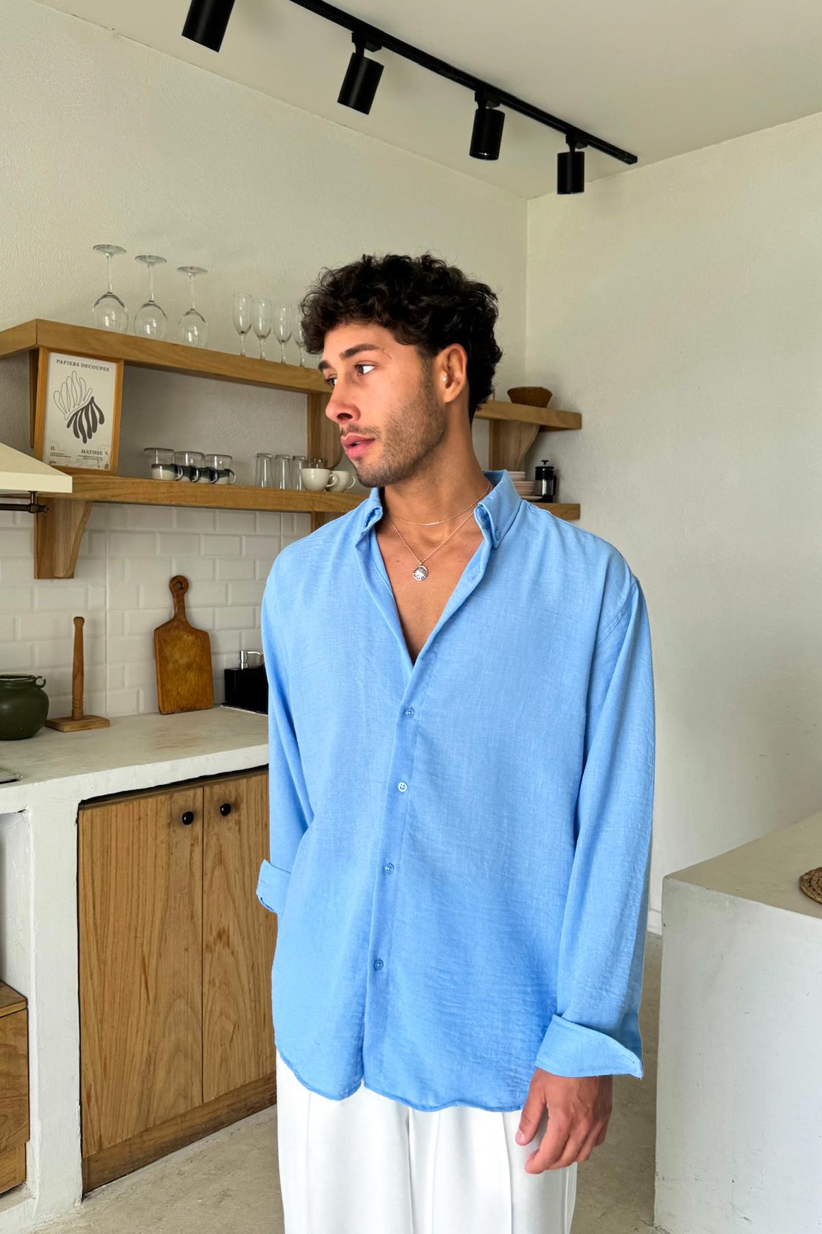Açık Mavi Uzun Kollu Basic Oversize Gömlek
