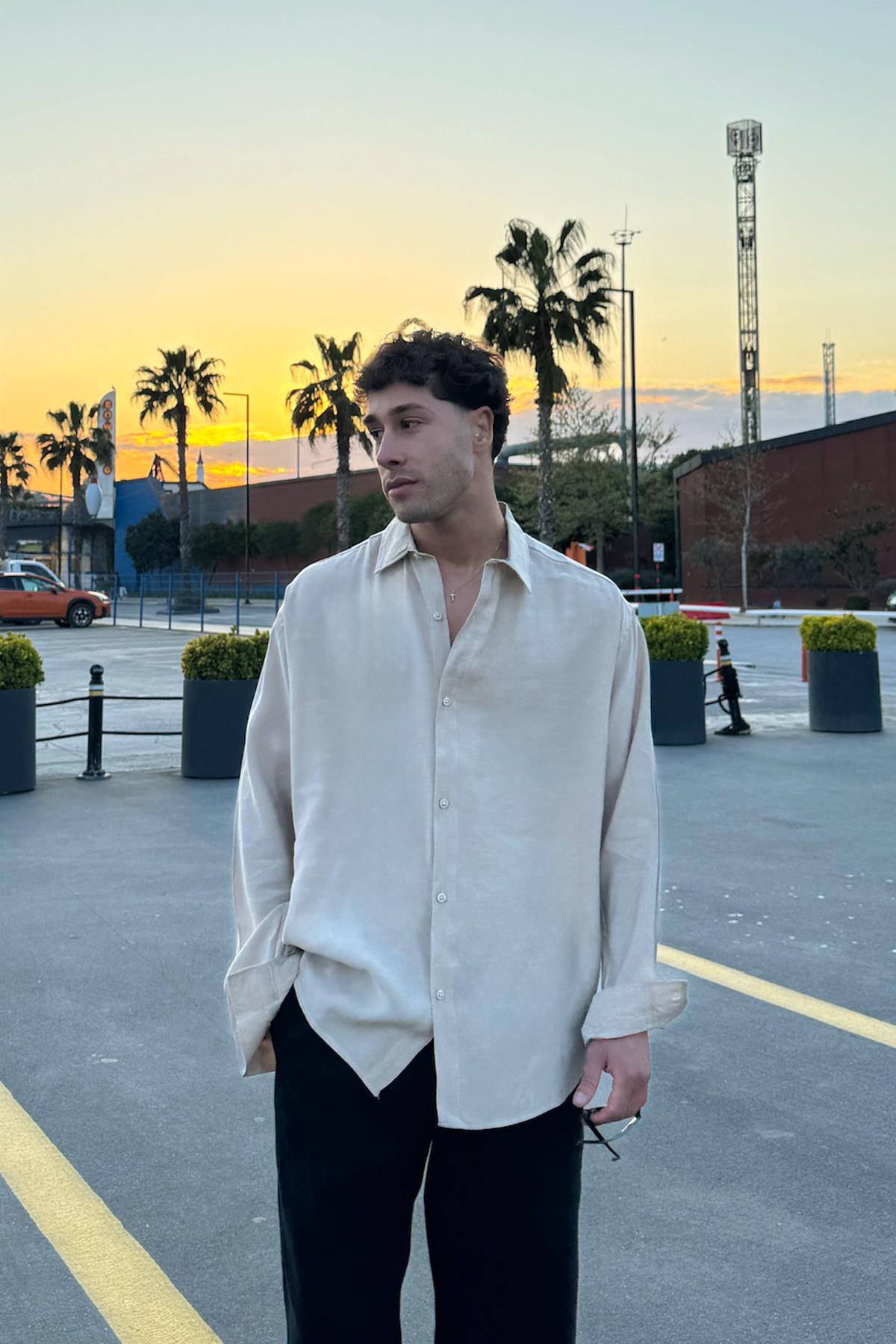 Basic Bej Oversize Gömlek