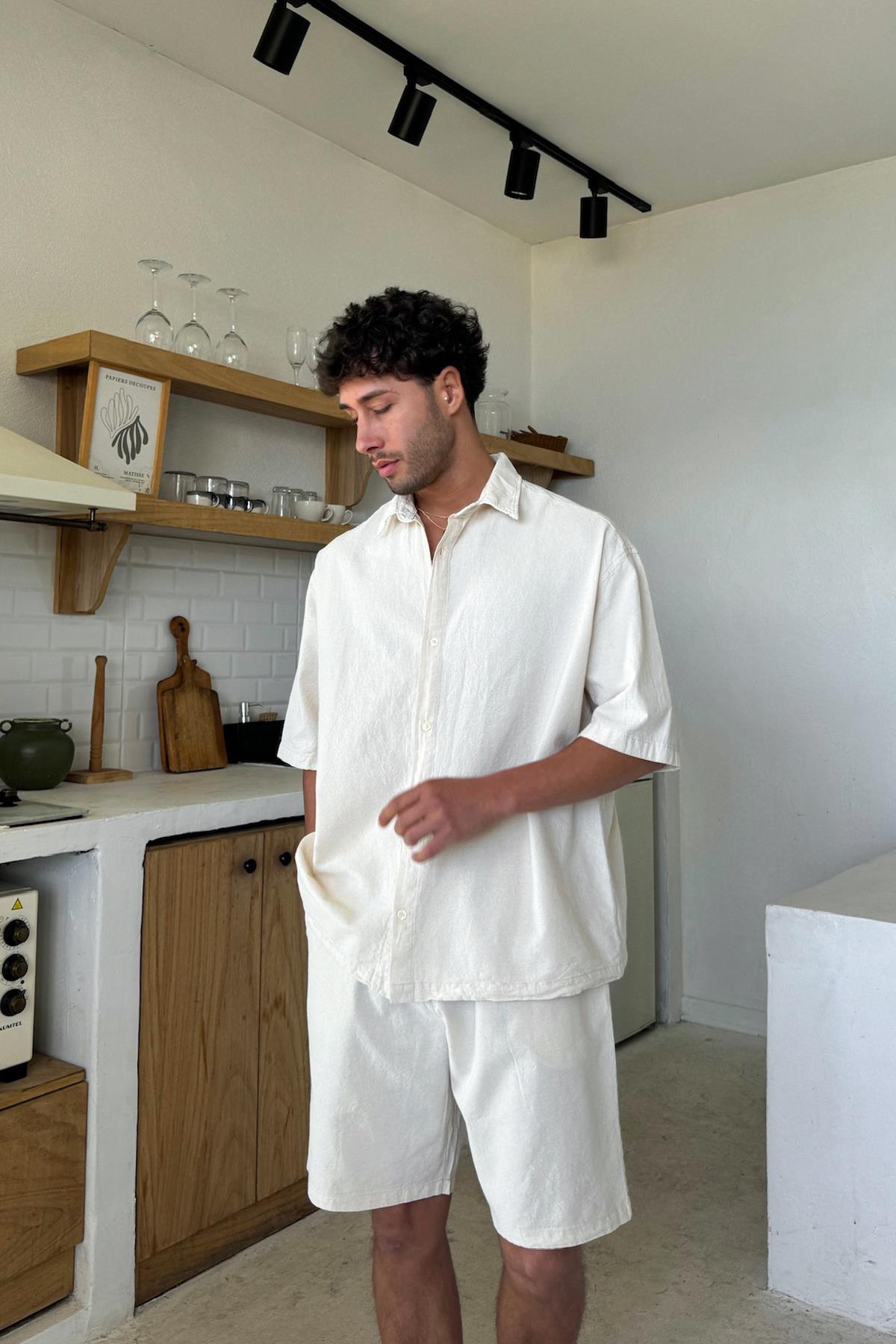 Krem Basic Oversize Kısa Kol Keten Gömlek