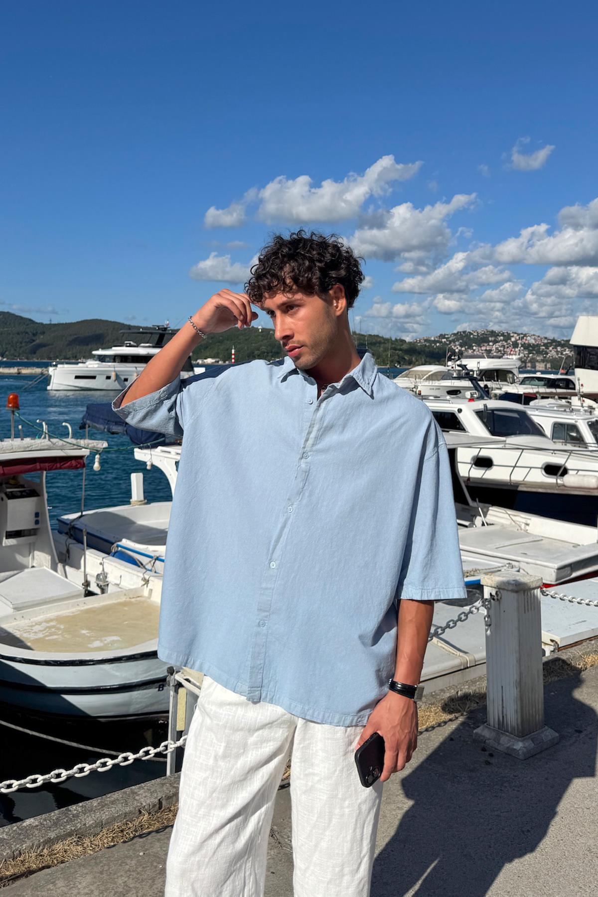 Basic Oversize Kısa Kol Keten Gömlek