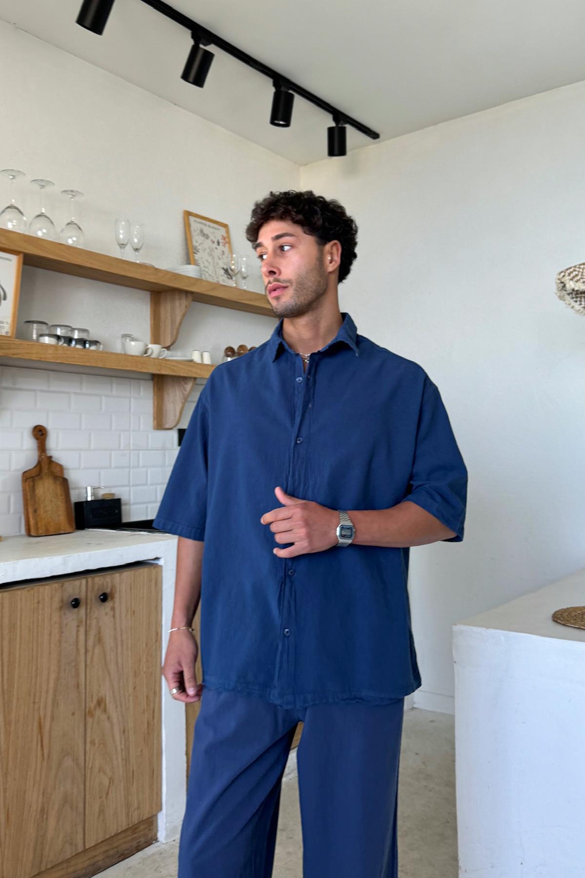 Basic Oversize Kısa Kol Lacivert Keten Gömlek