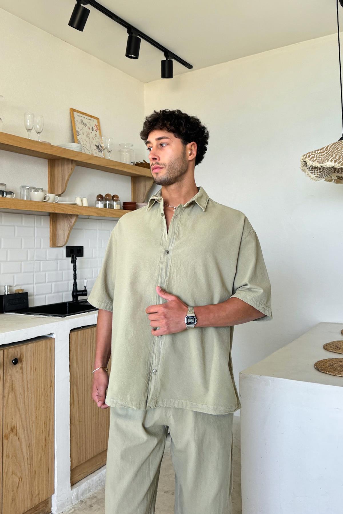 Basic Oversize Kısa Kol Haki Keten Gömlek