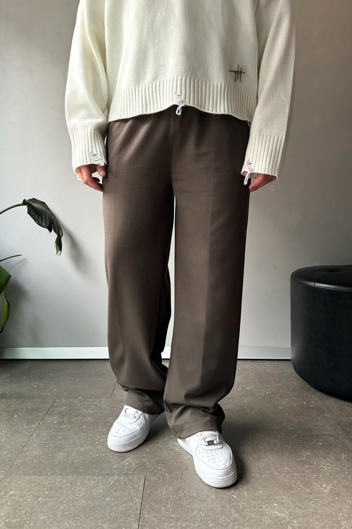 Bel Lastikli Basic Haki Kumaş Pantolon