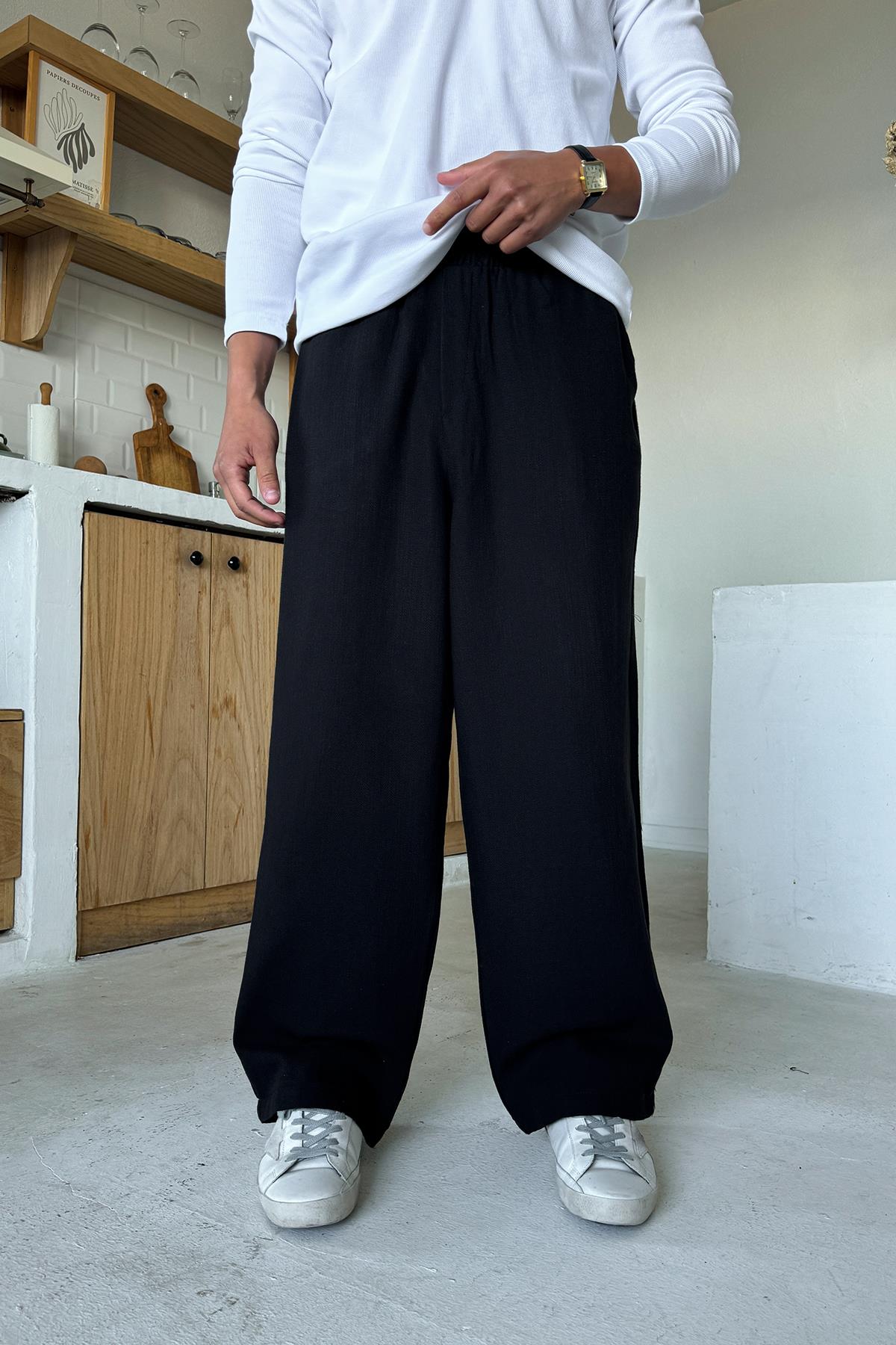 Siyah Bel Lastikli Keten Baggy Pantolon