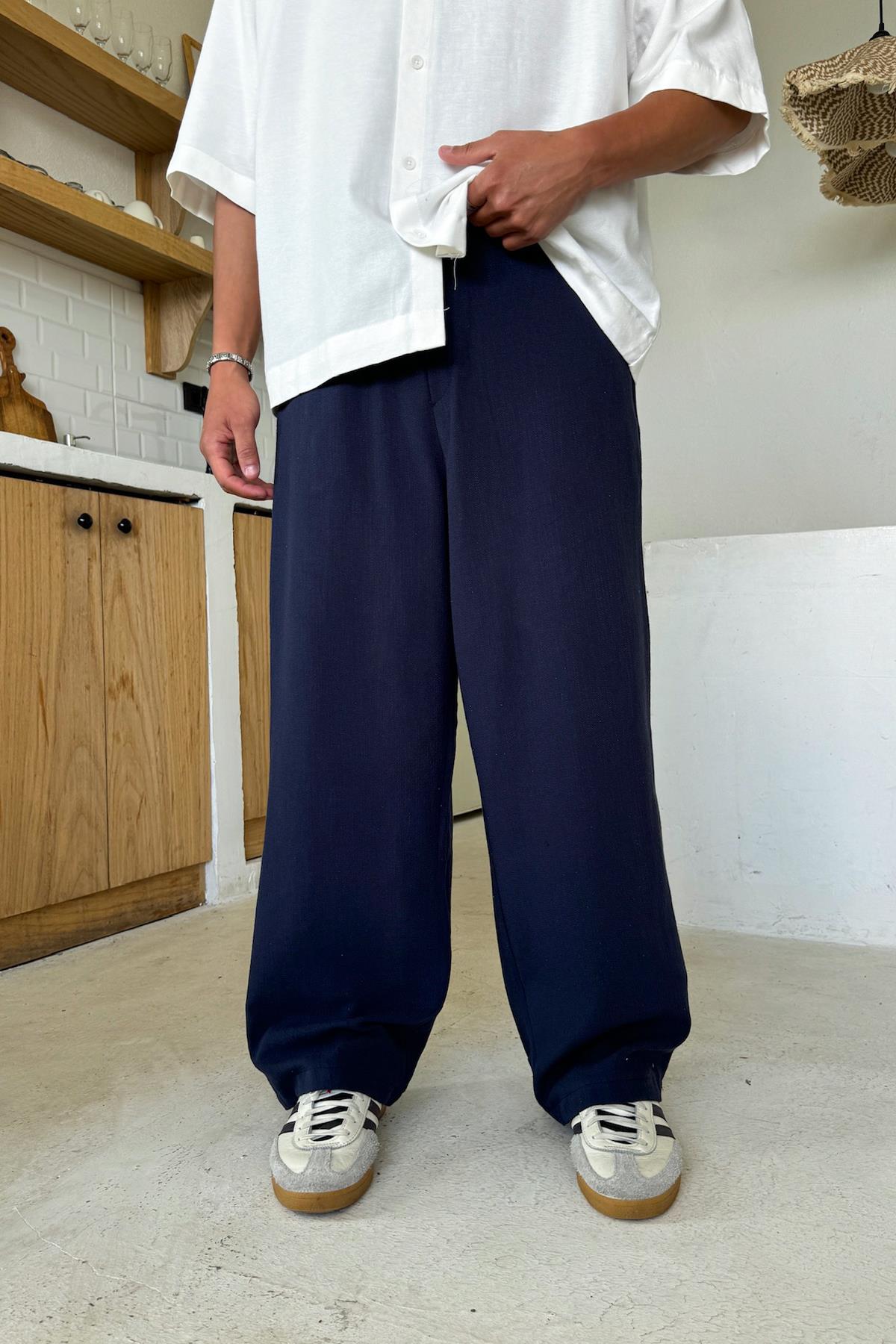 Lacivert Bel Lastikli Keten Baggy Pantolon