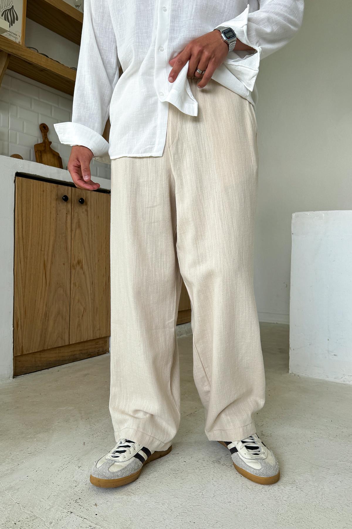 Krem Bel Lastikli Keten Baggy Pantolon