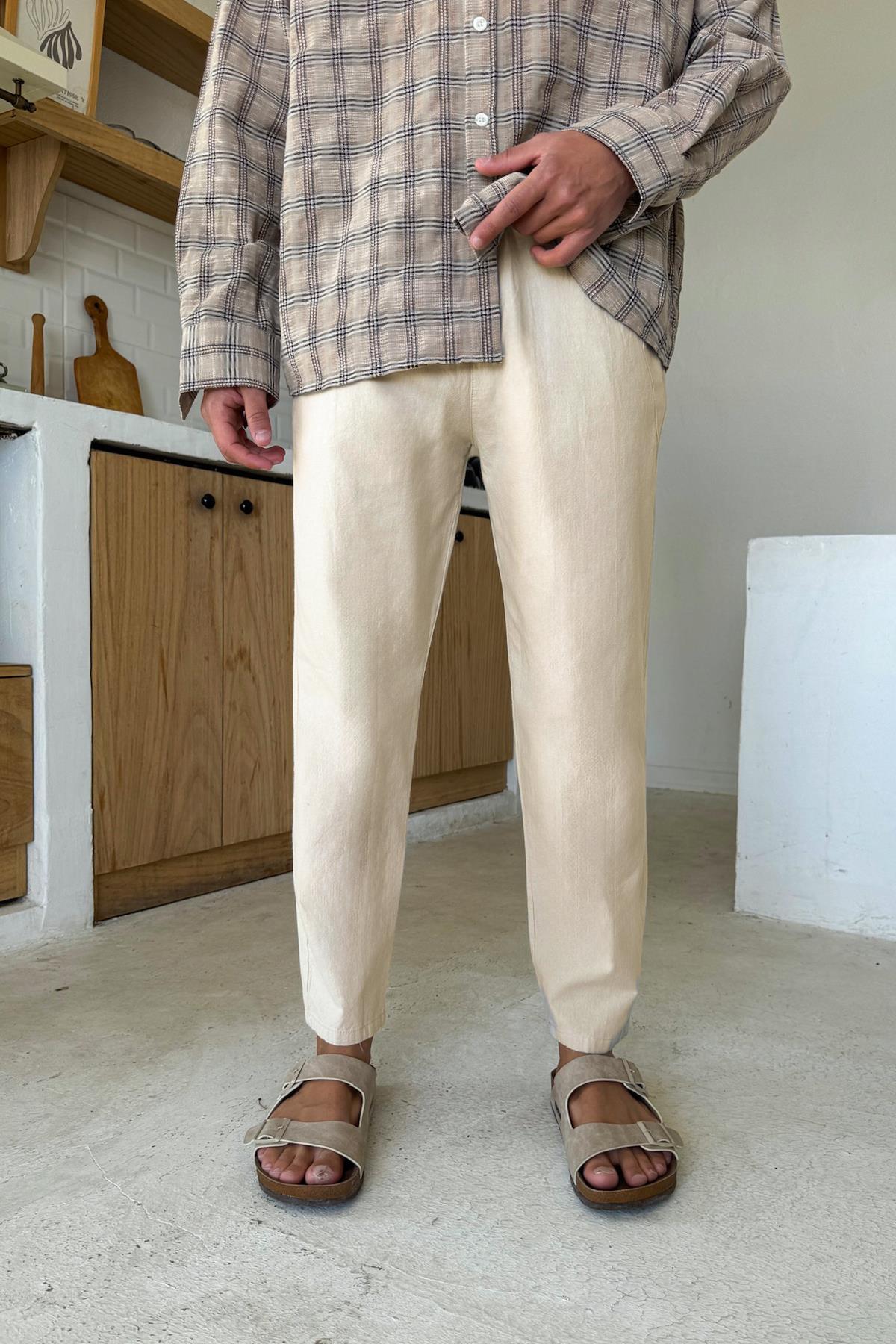 Krem Bel Lastikli Regular Keten  Pantolon