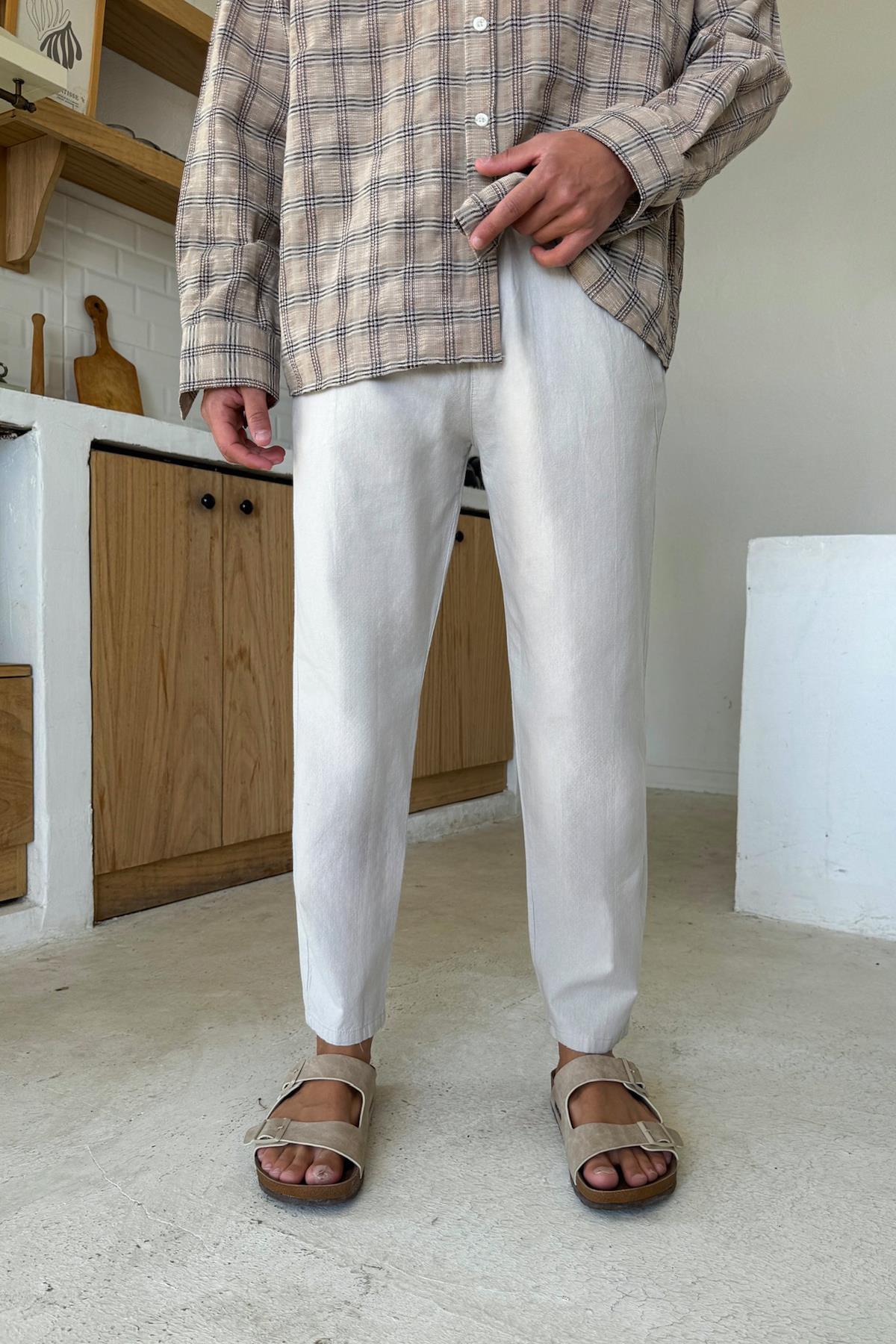 Taş Rengi Bel Lastikli Regular Keten  Pantolon