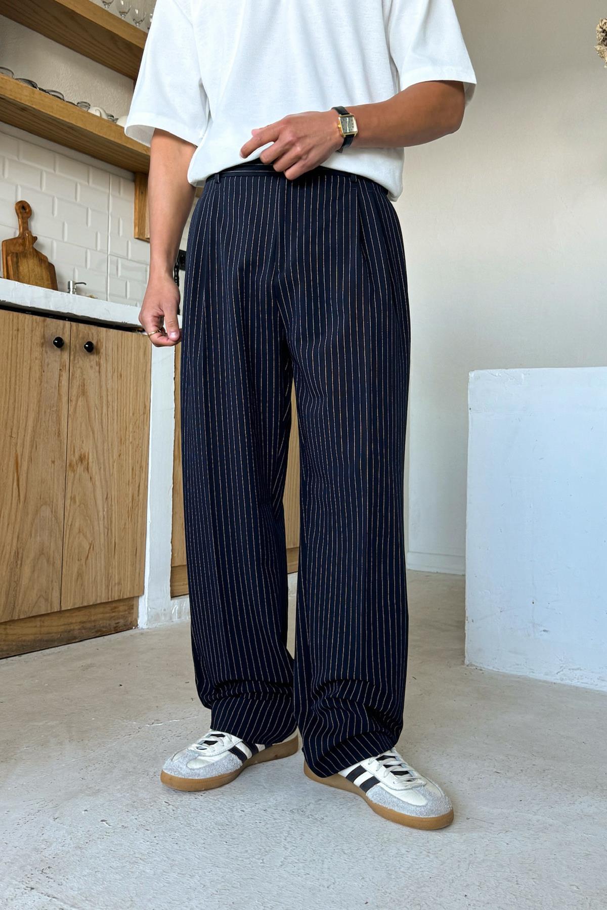 Lacivert Çift Pileli Çizgili Baggy Pantolon