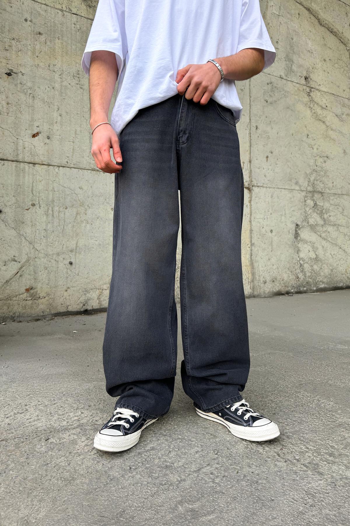 Çizgili Antrasit Baggy Jean