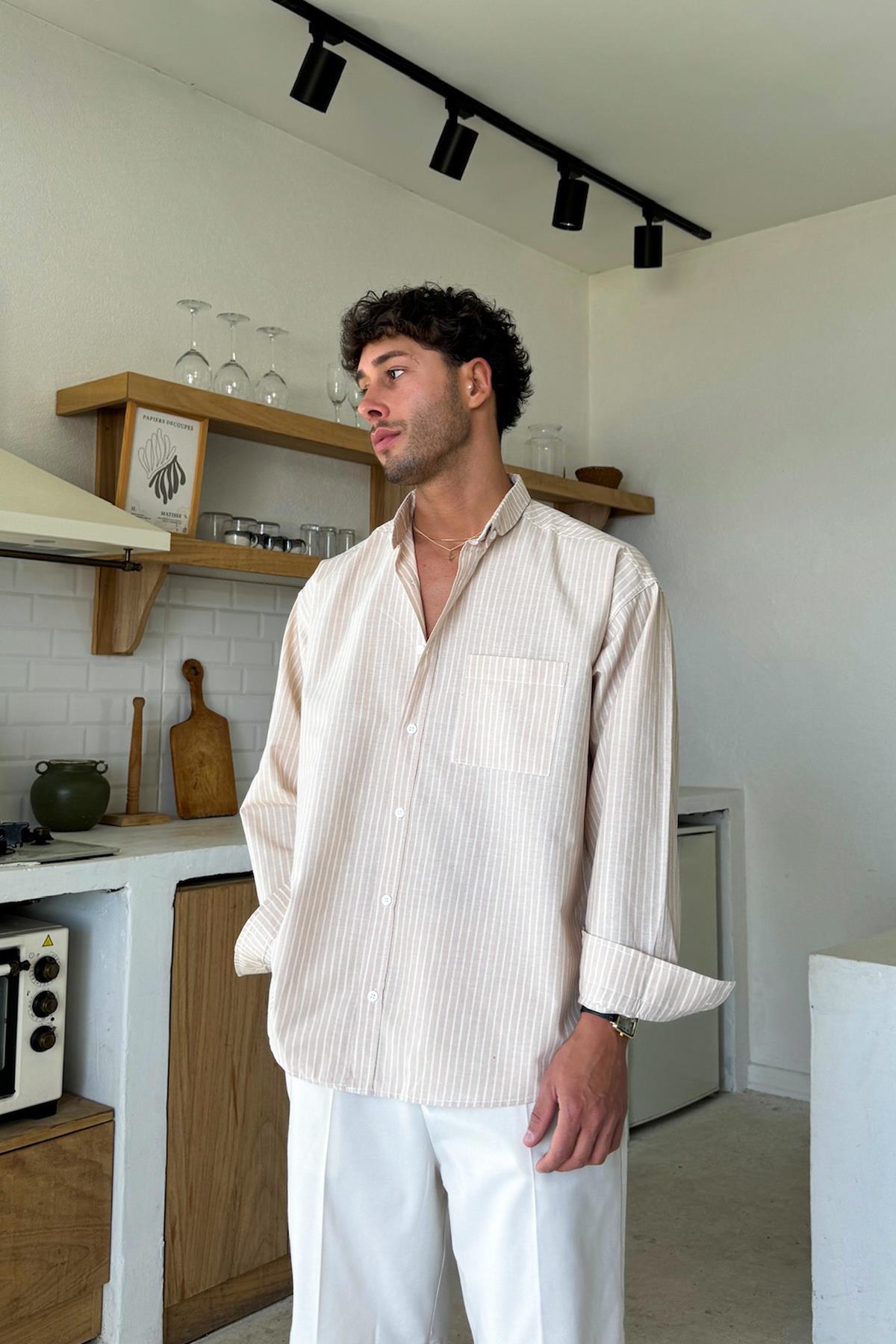 Krem Çizgili Oversize Gömlek