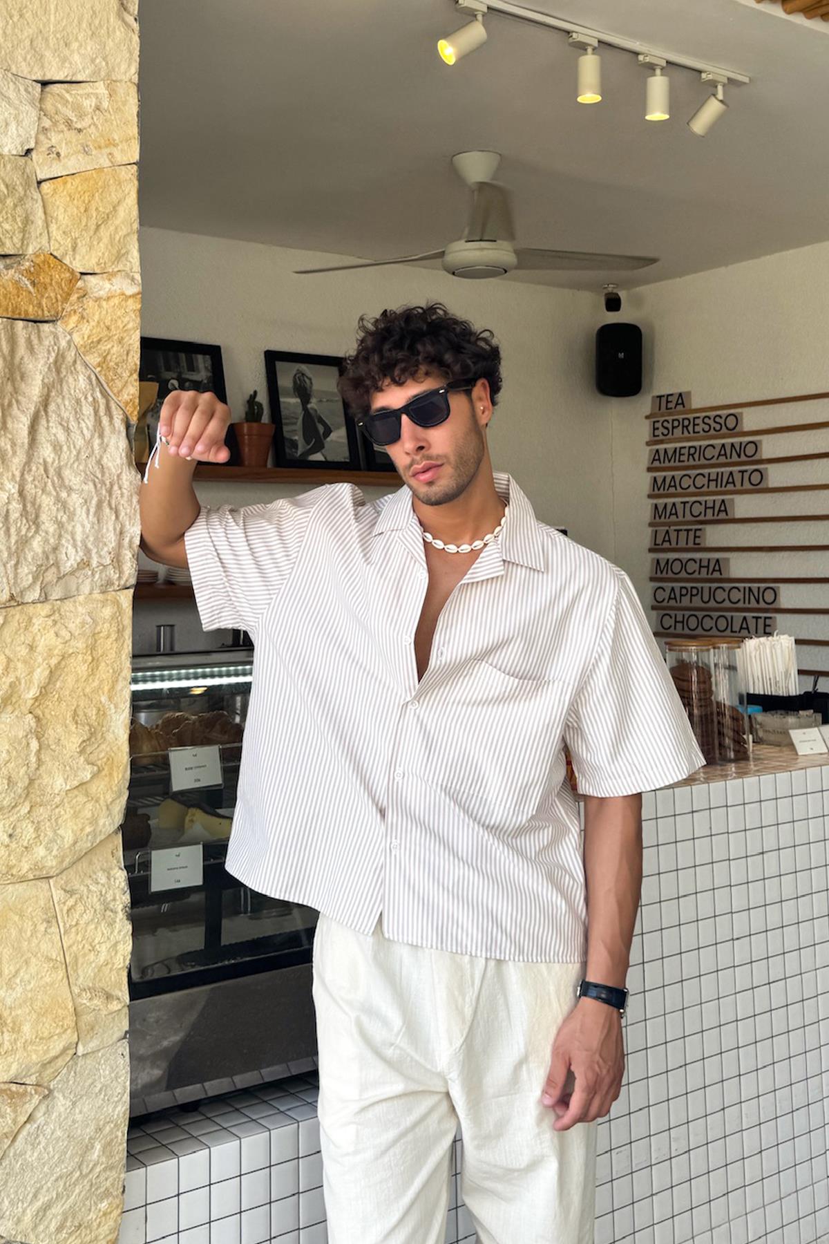 Çizgili Oversize Bej Kısa Kol Gömlek