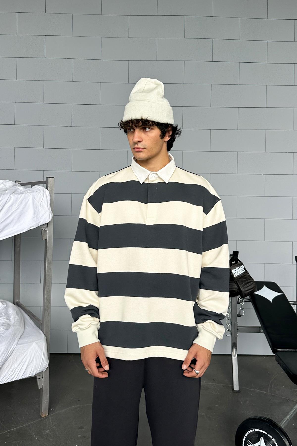 Flaw Atelier Çizgili Polo Yaka Antrasit Uzun Kollu Sweatshirt